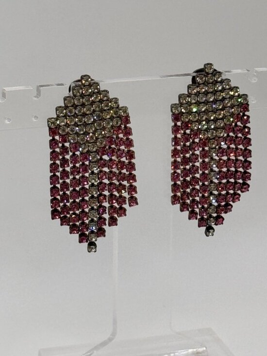 Jewelry - Vintage Pink Clear Rhinestone Fringe Earrings Dangle Clip On Pat 27133491